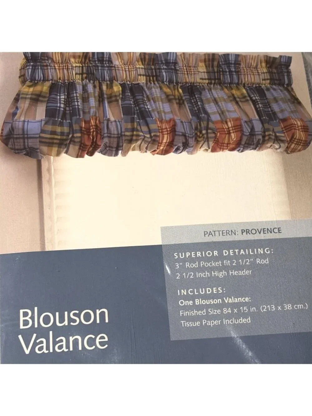 VTG SEARS Whole Home Blouson Valance Periwinkle Blue Plaid Provence 84X15